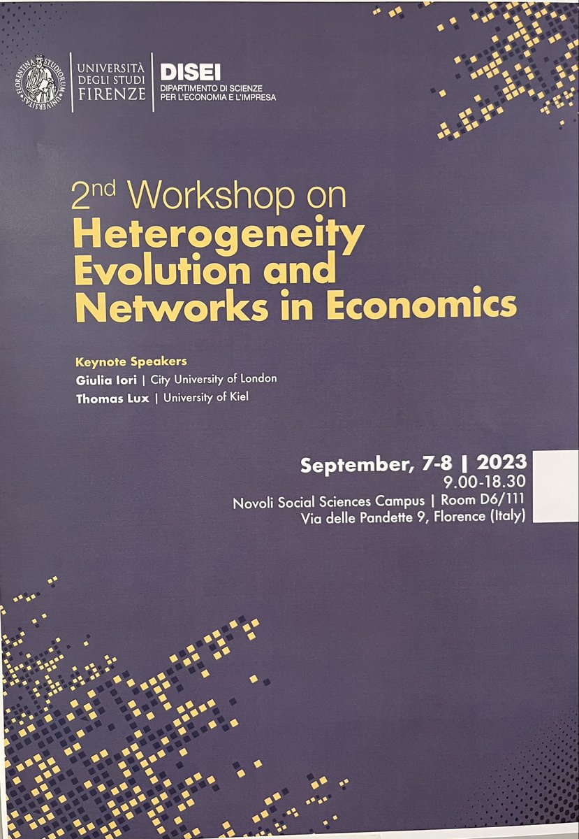 Honored to have been invited to give a keynote at the 2nd DISEI-Workshop on Heterogeneity, Evolution and Networks in Economics.