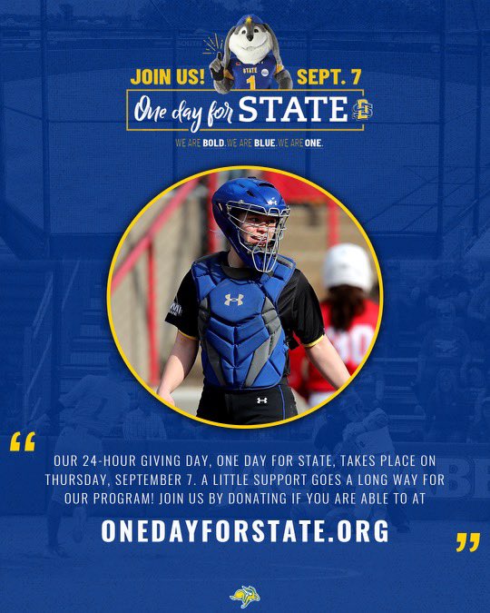 Happy One Day For State!!! Today is such a big day for Jackrabbit softball! Any donation helps with our travel, equipment, uniforms, and many other things that benefit our program. All donations are appreciated! Go Jacks!!#OneDayforSTATE #GoJacks 

givenow.sdstatefoundation.org/one-day-for-st…