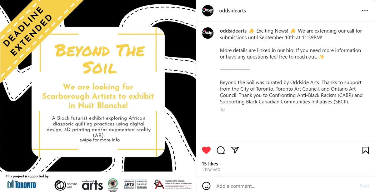 'Beyond The Soil' is not taking place in #TorontoDanforth but I'm asking @tdndp to help #Amplify for the folks from <a href="/oddsidearts/">OddSide Arts</a>  

"We are extending our call for submissions until September 10th at 11:59PM!"
linktr.ee/OddSideArts
h/t <a href="/queenkukoyi/">QUEEN KUKOYI</a> @findinnico <a href="/scararts/">Scarborough Arts</a>