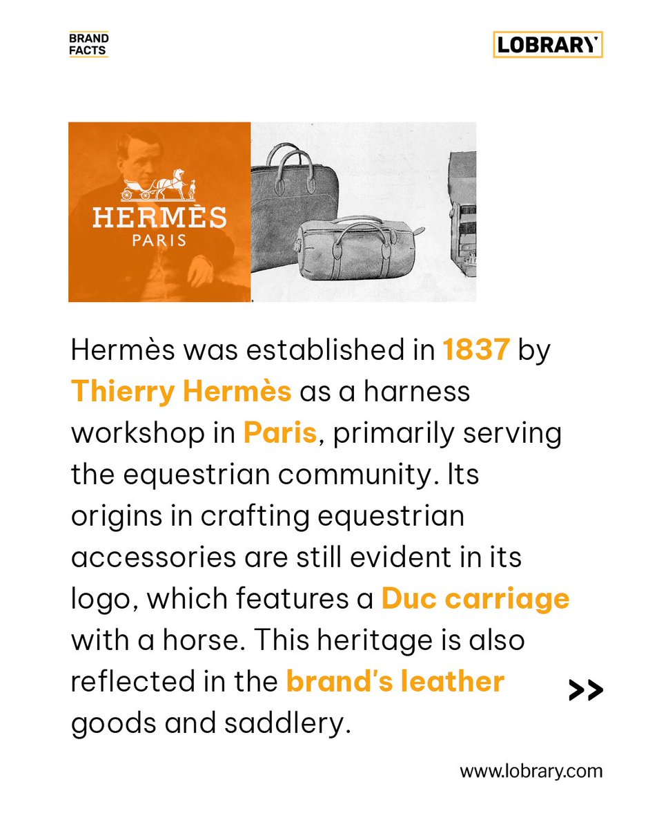 Lobrary_'s tweet photo. Hermès is known for its commitment to traditional craftsmanship. Many of its products are made by skilled artisans who spend years perfecting their craft. 
#lobrary #brandfacts #brands #hermesparis #bags #facts #kelly #libraryofbrands #birkin #hidden https://t.co/IQ1EDdPxJ1