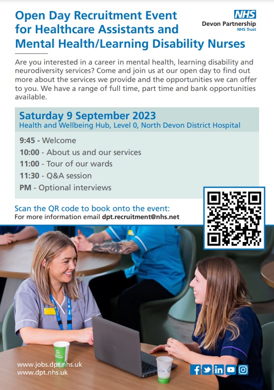 Visit our open day on Saturday 9 September in #Barnstaple, #NorthDevon to find out more about careers in our #MentalHealth, #LearningDisability and #Neurodiversity services. Register your interest here: orlo.uk/xIZoW #NHScareers #DevonJobs #NHSJobs #NorthDevonJobs #NHS
