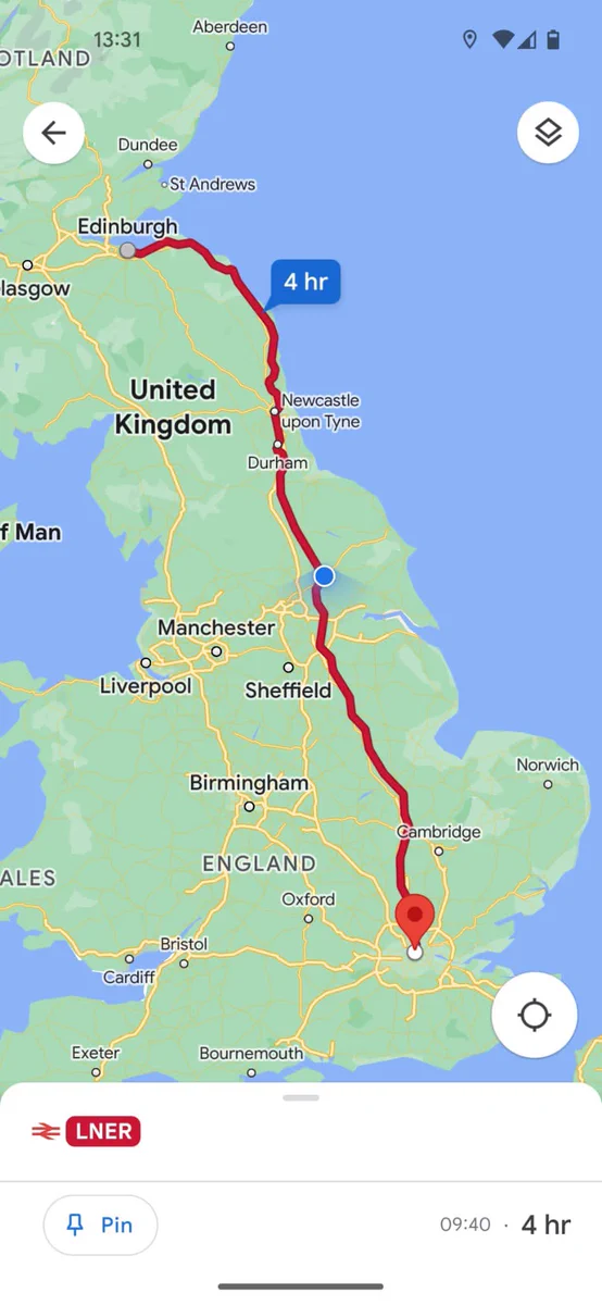 Google Maps screenshot showing an LNER journey from Edinburgh to London in 4 hours