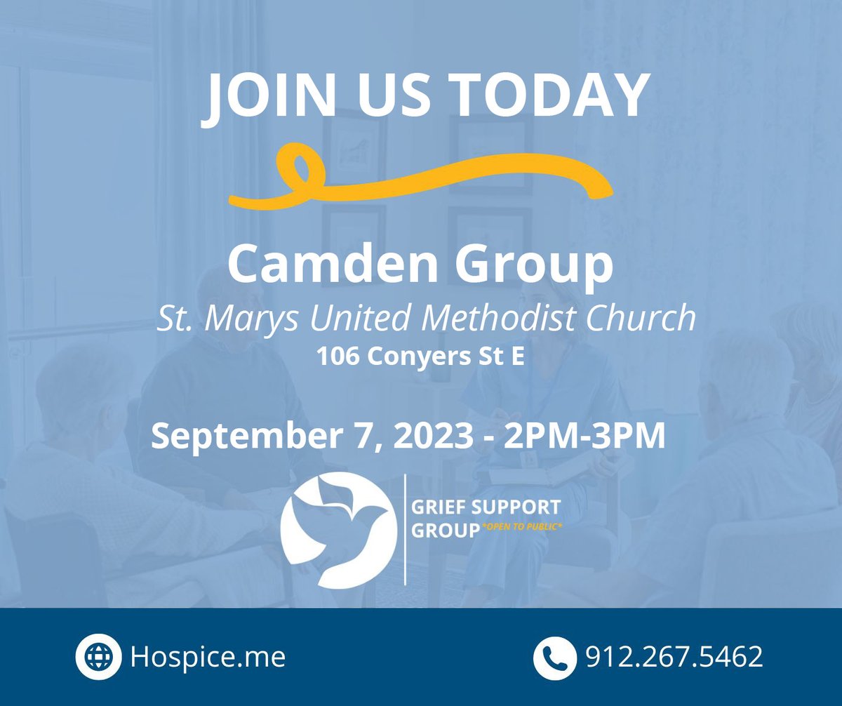 Join us for our Camden County support group at St. Mary's Methodist Church. Our free support groups help newly bereaved individuals discover healthy ways to cope with their grief. View our schedules here: hospice.me/services/grief….
#HomeTownHospice #Griefsupport #Camdencounty