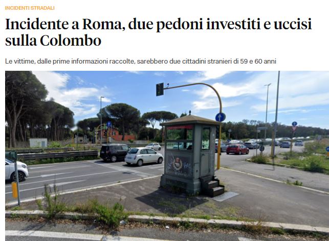 Ceska (@ciclomamaa70) on Twitter photo <a href="/VIVINSTRADA/">NuovaSicurezzaStrada</a> <a href="/Diritti_Pedoni/">Movimento Diritti dei Pedoni</a>
Aggiornate il contatore:
"Drammatico incidente stradale a Roma. Due pedoni sono stati investiti e uccisi da un'auto su via Cristoforo Colombo, all'altezza di via di Malafede."
#daccioggilnsmortoquotidiano <a href="/VIVINSTRADA/">NuovaSicurezzaStrada</a> <a href="/Diritti_Pedoni/">Movimento Diritti dei Pedoni</a>
Aggiornate il contatore:
"Drammatico incidente stradale a Roma. Due pedoni sono stati investiti e uccisi da un'auto su via Cristoforo Colombo, all'altezza di via di Malafede."
#daccioggilnsmortoquotidiano
