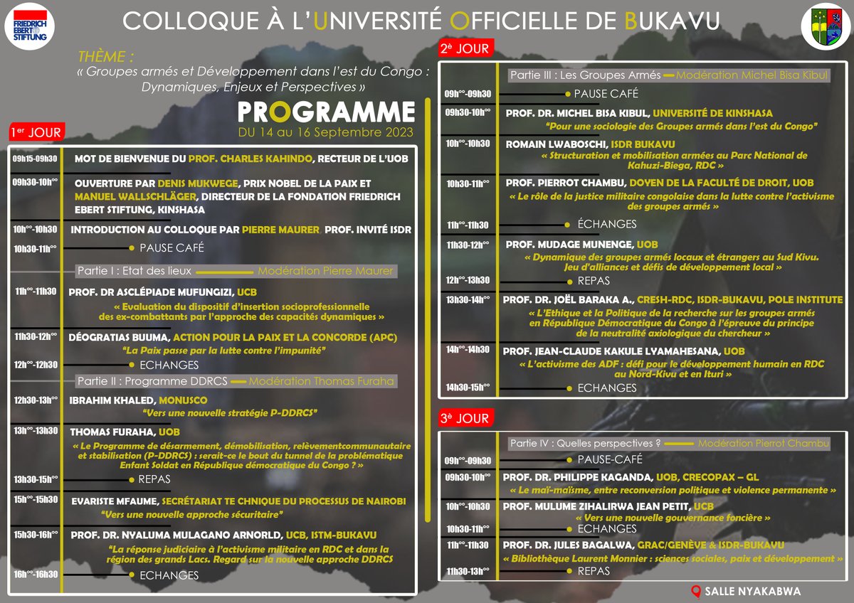 UOBukavu's tweet photo. UOB: Un colloque sur le thème: " groupes armés et développement dans l'Est du Congo" se tiendra au campus de Karhale du 14 au 16 septembre 2023. Pour vous inscrire et participer à ce colloque, envoyez vos identités et coordonnées à l'adresse : colloqueuobukavu@uob.ac.cd https://t.co/BtWFoe33EP