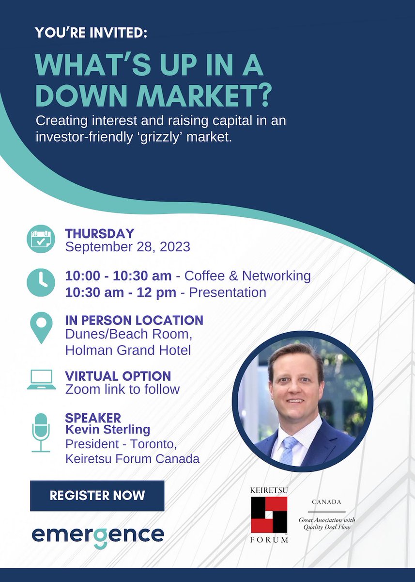 Emergence Bioscience Business Incubator (@emergencebio) on Twitter photo Join us during #GBW2023 for a BioNetworking Session featuring an informative presentation from <a href="/KeiretsuAngels/">KeiretsuForum</a>: What's Up in a Down Market?
📅Thursday, Sept. 28
⏰ 10 a.m. - 12 p.m.
📍 Holman Grand Hotel
💻Virtual option available
✉️RSVP: eventbrite.ca/e/whats-up-in-… Join us during #GBW2023 for a BioNetworking Session featuring an informative presentation from <a href="/KeiretsuAngels/">KeiretsuForum</a>: What's Up in a Down Market?
📅Thursday, Sept. 28
⏰ 10 a.m. - 12 p.m.
📍 Holman Grand Hotel
💻Virtual option available
✉️RSVP: eventbrite.ca/e/whats-up-in-…