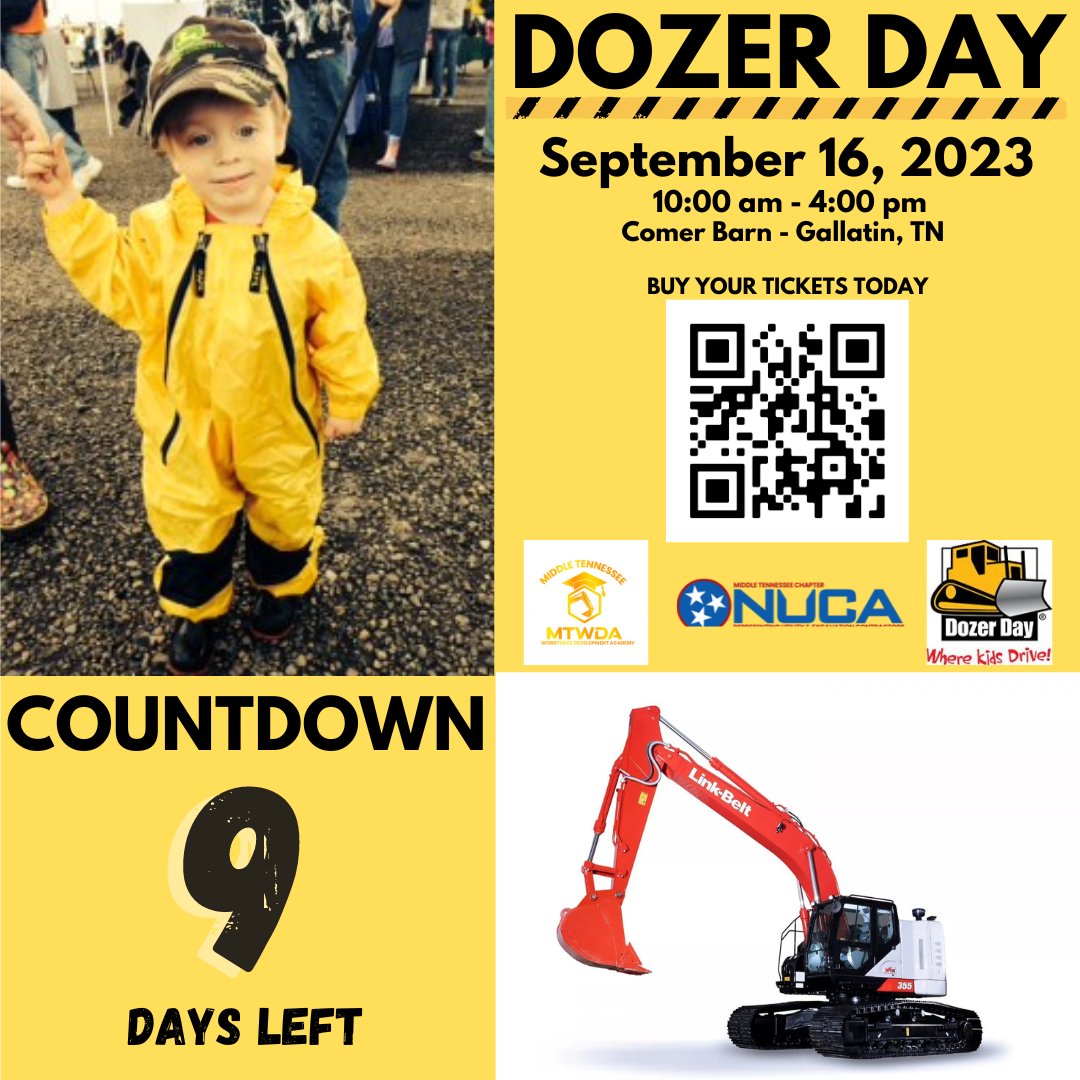 Only 9 days left until Dozer Day! Purchase your tickets today by scanning the QR code.

Big shout out to Parman Tractor for providing the Link-Belt 355 Excavator.

#nucaofmiddletn #dozerday2023 #heavyequipment #MTWDA #nashvilletn #sumnercounty #parmantractor