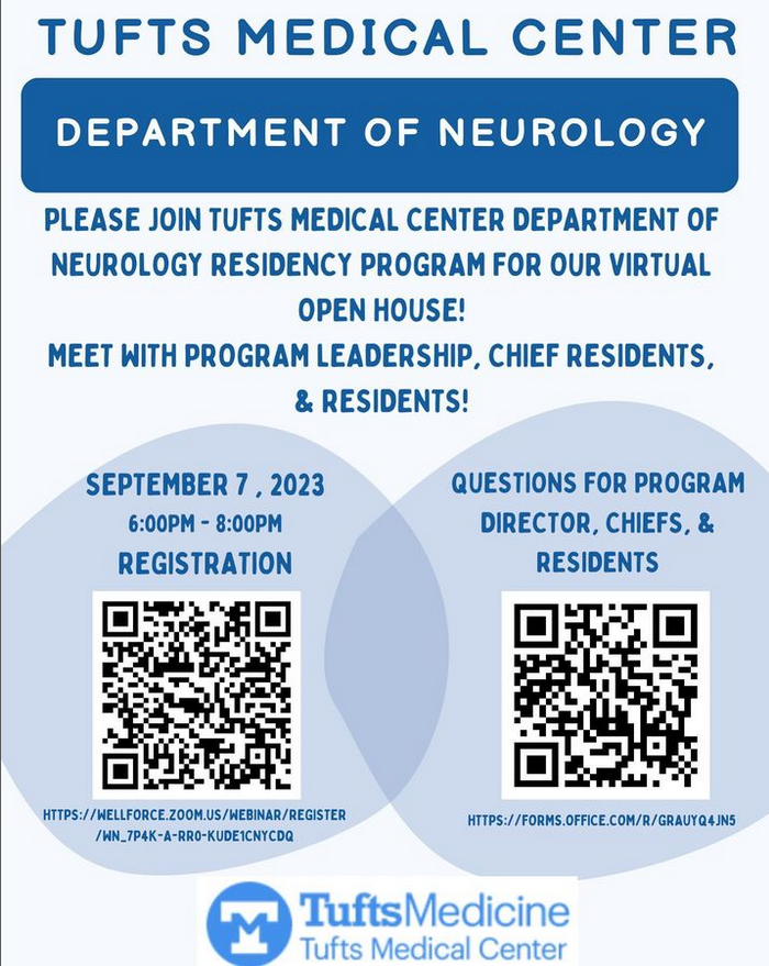 ⏰Happening tonight! ⏰

Looking forward to speaking with this year's #Neurologymatch applicants! Join us for info about our program, Q&amp;A w PD, and time to chat with our amazing residents!

@NMatch2024 <a href="/TuftsMCNeuro/">Tufts Medical Center Neurology</a> #neurologymatch2024 #neurologymatch #neuromatch