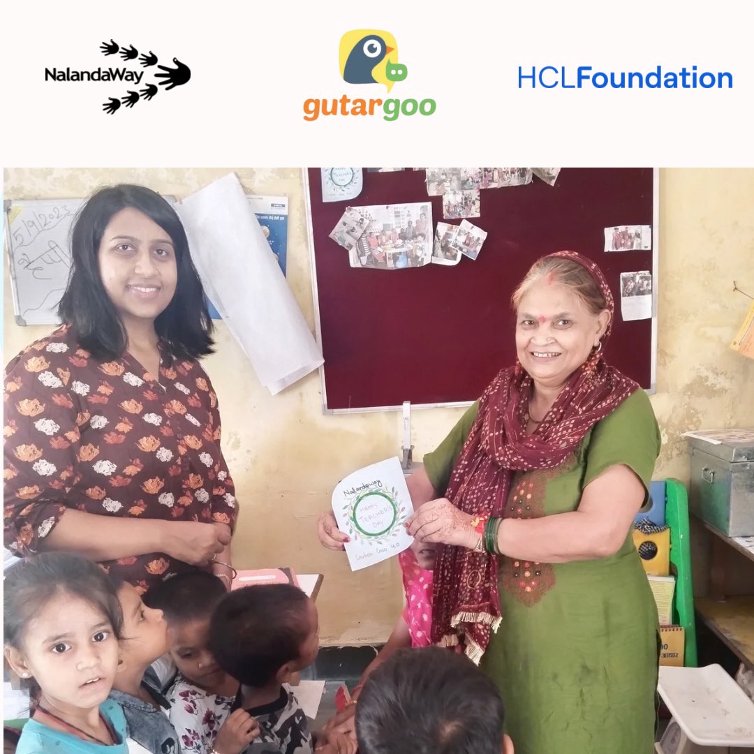 Nalandaway's tweet photo. 📚✨ Celebrating Teacher's Day at Chhajarsi ICDS Centre with the Gutar Goo team! The children poured their hearts into crafting beautiful greeting cards for their teachers, expressing deep appreciation. 🙏👩‍🏫 
Fun and creativity filled the air as they designed tokens of gratitude. https://t.co/I1TNiJMVl9