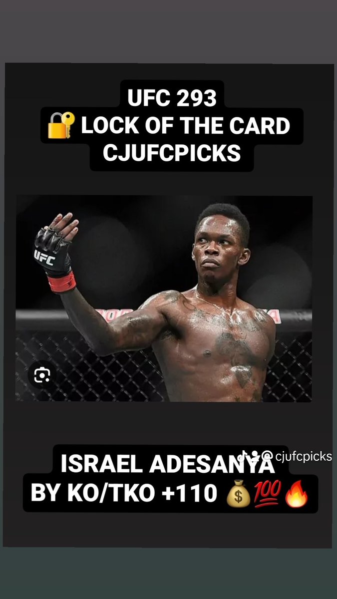 CJUFCPicks's tweet photo. My lock of the card for UFC 293 Israel ADESANYA!!! #MMATwitter #GamblingTwitter #ufc293 #ufcaustralia #israeladesanya #laststylebender #ufcpicks #ufcpredictions #izzy #andstill #lock #ufcnews #ufcpodcast #mmanews #mmapodcast #fight #knockout #fyp #cjufcpicks https://t.co/X0aLWZ7Gqv