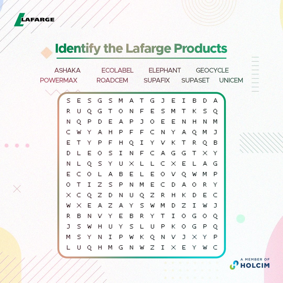 HBMNigeria's tweet photo. How many Lafarge products can you identify in the word search?💚
Let us know in the comments!
#LafargeAfrica #BuildersOfProgress https://t.co/PZdncVLO8T