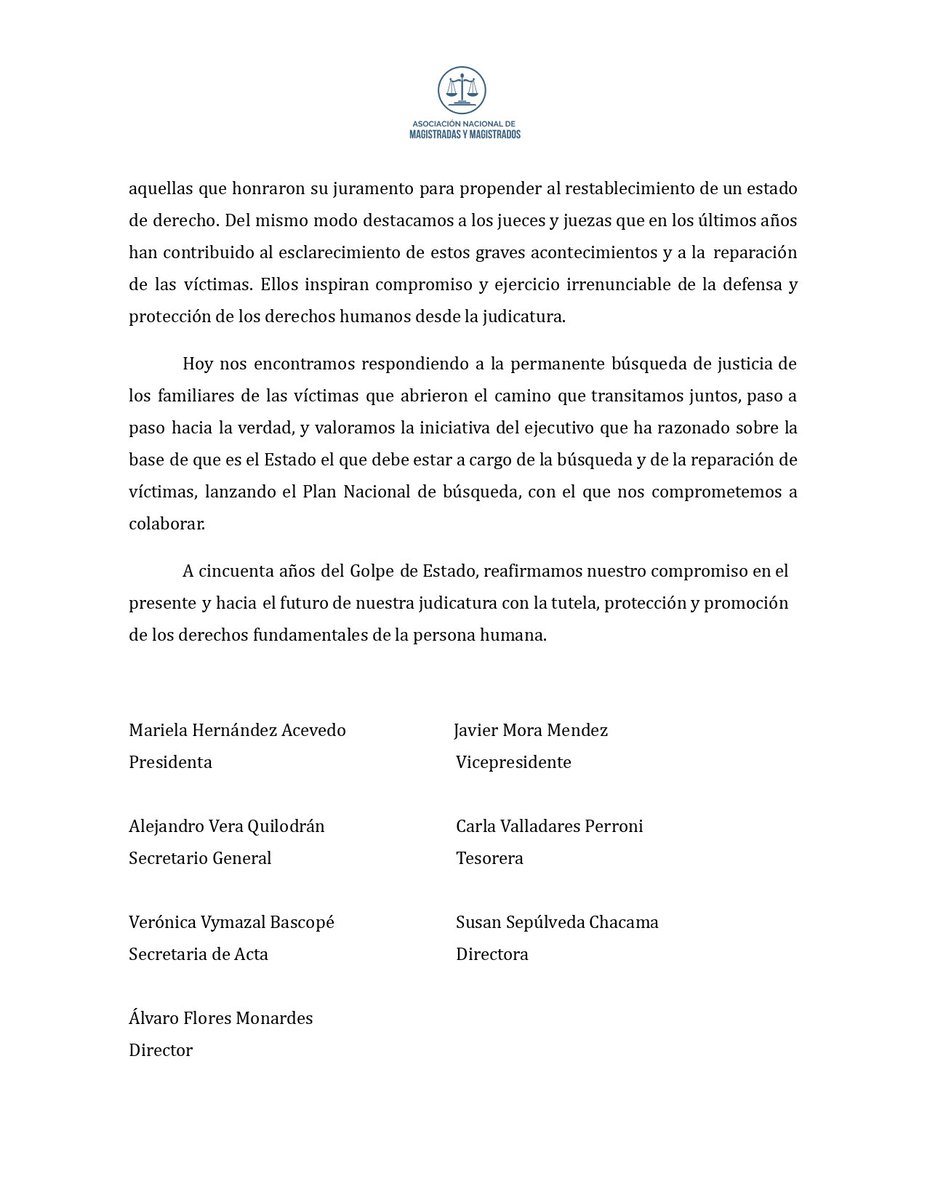 ANMMcl's tweet photo. Con motivo de los 50 años desde el golpe militar, la Directiva Nacional de la Asociación Nacional de Magistradas y Magistrados (ANMM) emitió una declaración en la cual  reitera “su irrestricto compromiso por la protección de los derechos humanos https://t.co/0hFSgrdu8t