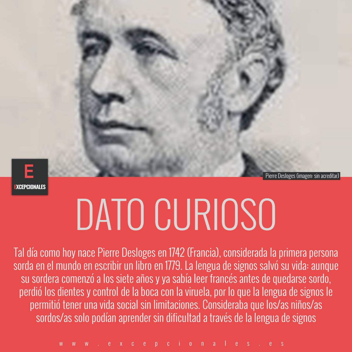 SomosExceps's tweet photo. Tal día como hoy nace Pierre Desloges en 1742 (Francia), considerada la primera persona sorda en el mundo en escribir un libro en 1779. La lengua de signos salvó su vida

#DatoCurioso #PersonasSordas #literatura #lenguadesignos https://t.co/M1wdHybdNO