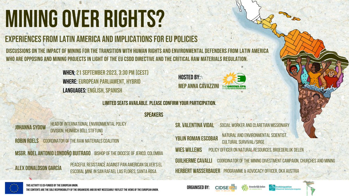 🗓️ Save the date 👇

➡️As part of the Caravan, CIDSE, together with members and partners will organise an event in the European Parliament hosted by MEP Anna Cavazzini on 21st September.

cidse.org/?event=mining-…