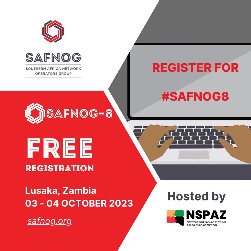 SAFNOG's tweet image. #SAFNOG8 Conference is open for free registration. Be sure to secure your spot today, register via safnog.org

#free #communityconference #SAFNOG8 #register #lusaka #SeeYouThere #AfricanInternet #seeyouthere #rsvp #communityevent