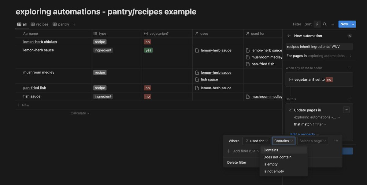 angadsri's tweet photo. really happy about this feature, excited to see how it is fleshed out! ✨⚙️

hope automations can eventually update related page properties — e.g. would be cool to label ingredients 'veg' once → recipes using them get labelled 'veg' too!

(reply if you'd solve this another way!) https://t.co/a4UTtt4L9z