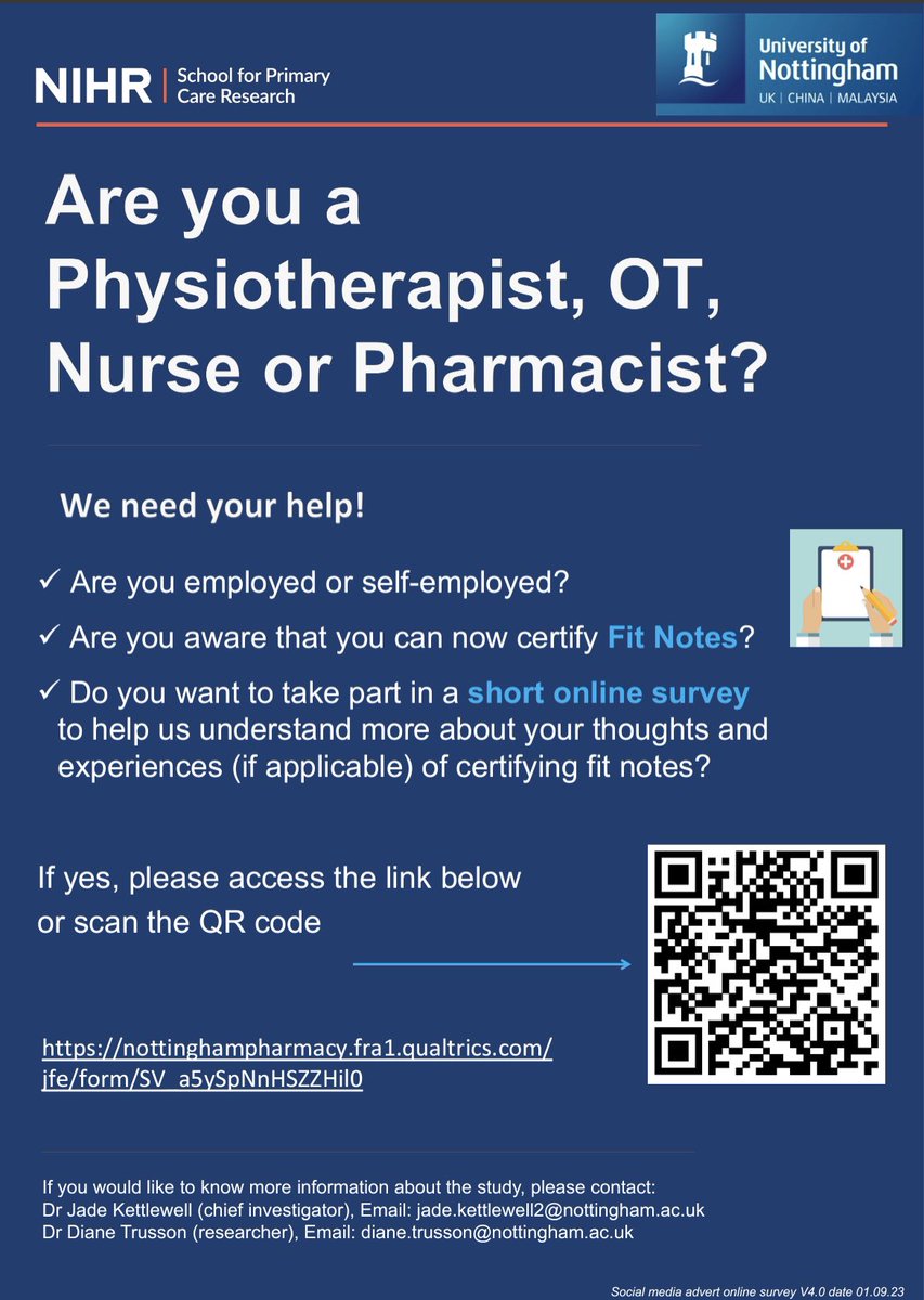 🚨Help needed! 🚨 We have had very poor response rate to this survey so far. It can be completed by ANY #OTs #physiotherapists #nurses #pharmacists - we want to know your thoughts about fit note certification being part of your professional role. Link 👇🏼 nottinghampharmacy.fra1.qualtrics.com/jfe/form/SV_a5…