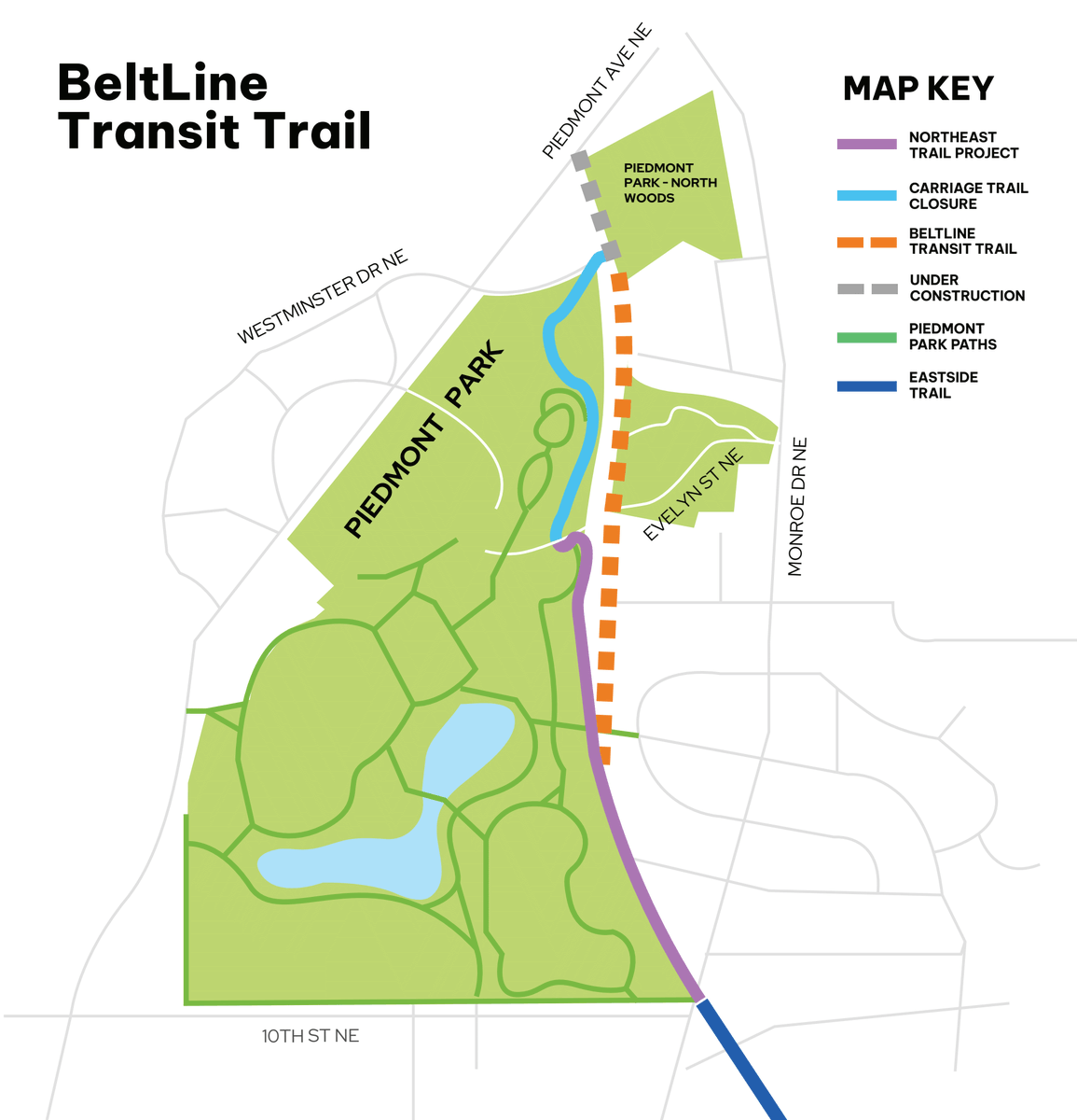 Construction has officially started on Northeast Trail-Segment 1! As a result, Piedmont Park's Carriage Trail is closed to thru traffic. Check out the map below to find an alternate route.👇 #AtlantaBeltLine