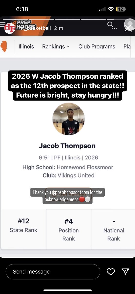 Thankful to be ranked as the 12th best prospect in the class of 2026 in Illinois by <a href="/PrepHoopsIL/">Prep Hoops Illinois</a>