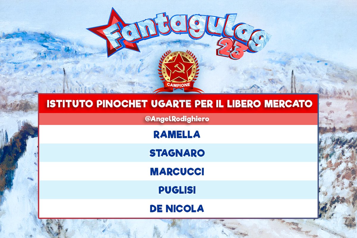 Il Comintato è lieto di proclamare la Istituto Pinochet Ugarte per il Libero Mercato di <a href="/AngelRodighiero/">Angelo Rodighiero</a> vincitrice del torneo 2023, per aver spedito per prima 5 fuoriclasse del lavoro coatto a Rignano Sabbiadoro . 
Congratulazioni per aver creato una squadra di veri infimi.