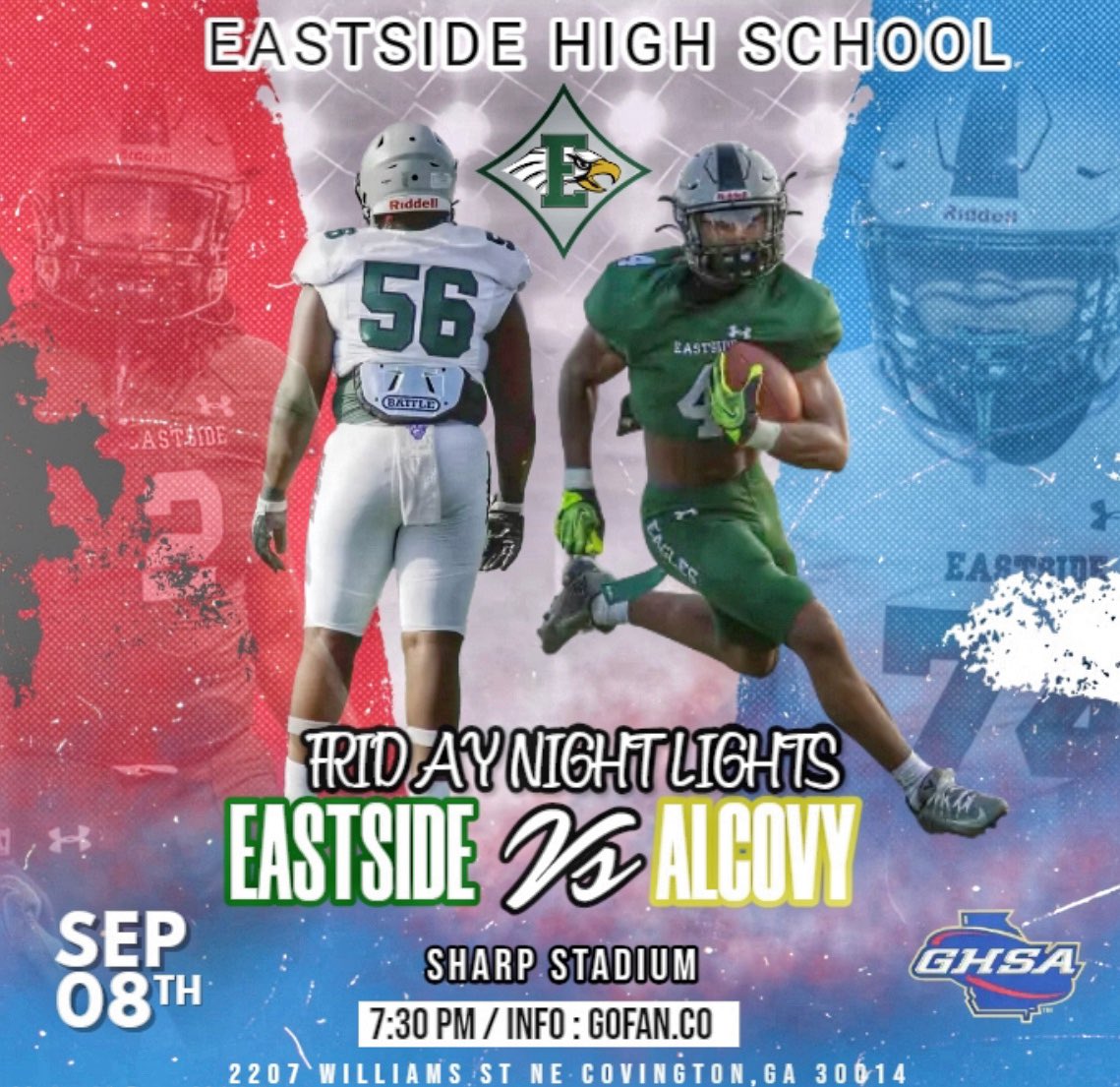 Come Pack Eastside Out Friday Night 🏈

Tickets On Sale Now:

🎟️ gofan.co/p/577C6108F188…

🇺🇸 Theme For Student Section - USA

<a href="/CoachCawthon/">Jay Cawthon</a> <a href="/EHS_Eagles/">Eastside High School</a> <a href="/CovNewsSports/">𝘾𝙊𝙑𝙉𝙀𝙒𝙎 𝙎𝙋𝙊𝙍𝙏𝙎</a> <a href="/RecruitGeorgia/">Recruit Georgia</a> 

#WeBleedGreen🦅 #OurStandard