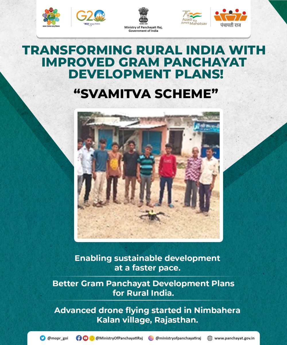 mopr_goi's tweet photo. In the #Nimbahera Kalan village, #Bhilwara district in #Rajasthan, an effective #DroneFlying has started under the #SVAMITVA_Scheme, assisting in the preparation of improved #GPDPs through the use of #GIS maps for inhabited Abadi areas of #RuralIndia.
#MeriSampattiMeraHaq https://t.co/QvAW9icAqK