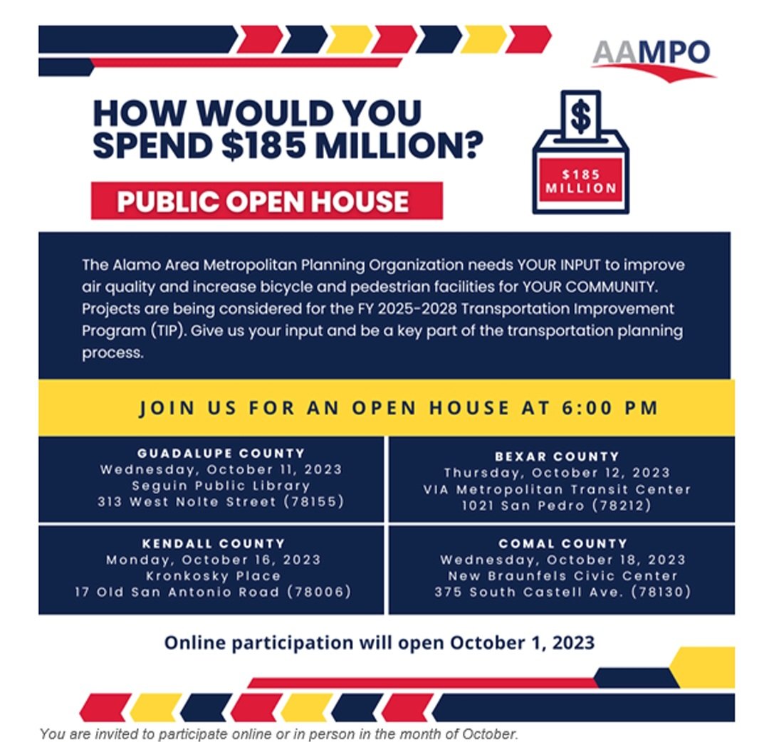 DonnaCampbellTX's tweet photo. There are many transportation projects taking place around the state and around SD 25. Next month, 4 counties will hold public meetings for residents to give input on bicycle and pedestrian facilities. Consider attending the one closest to you. #AAMPO #SD25 https://t.co/4uygzaDnwQ