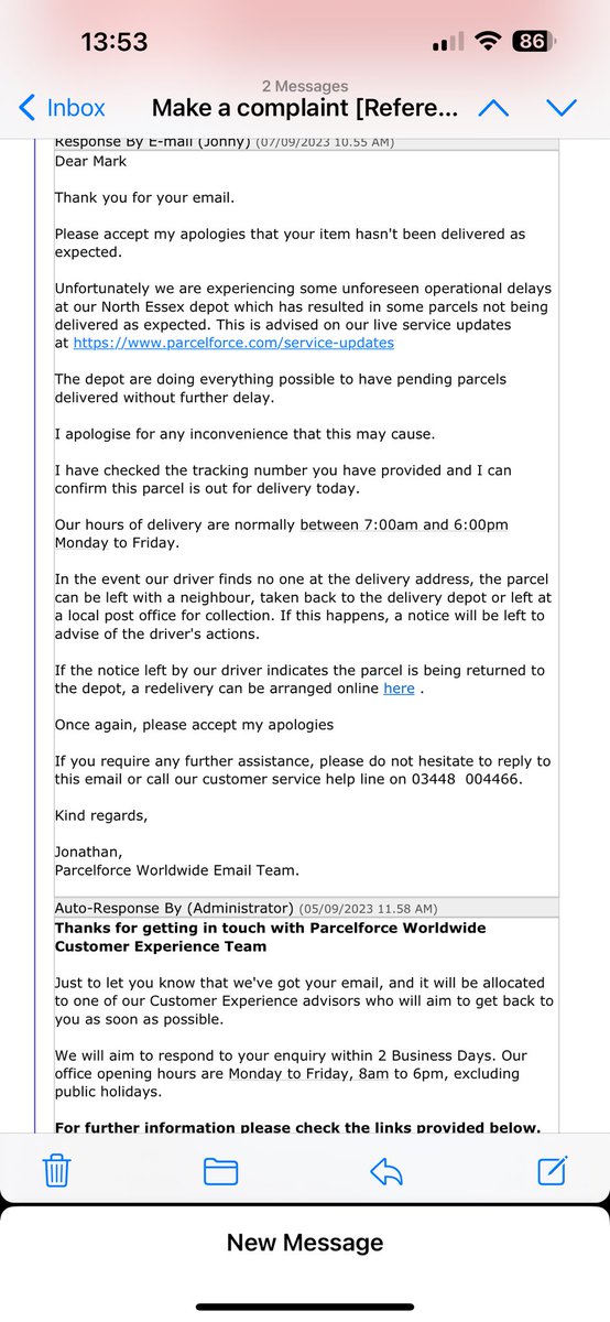 markrwestbrook's tweet photo. @parcelforce if you care about your parcel arriving &amp; great customer care, don’t use them. 6 days late one team says delivery today, web site says no &amp; customer care tell you to read their updates. How about caring and sorting it out. Saying sorry is meaningless unless you fix it https://t.co/qnuG0u0oMY