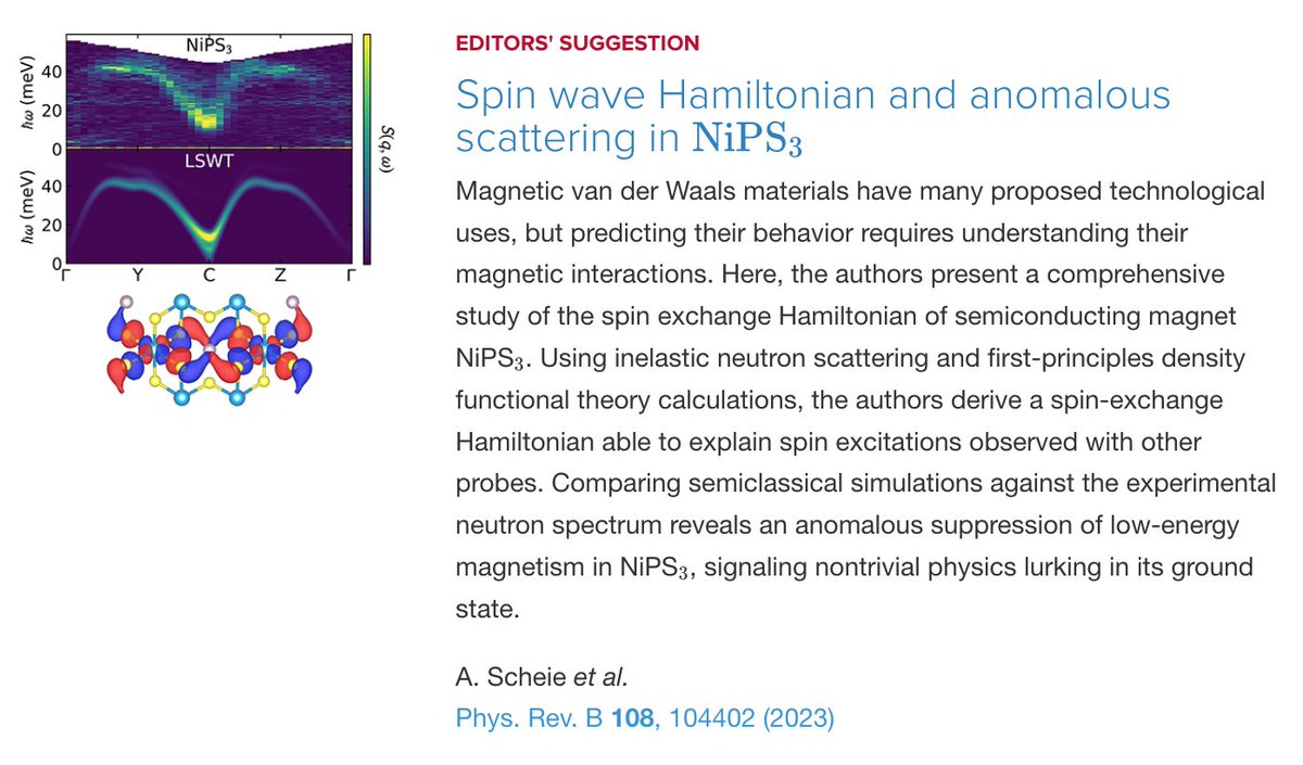 PhysRevB's tweet photo. PRB Editors' Suggestion: #SpinWave #Hamiltonian and #AnomalousScattering in #NiPS3
A. Scheie, Pyeongjae Park, J. W. Villanova, G. E. Granroth, C. L. Sarkis, Hao Zhang, M. B. Stone et al.,
Phys. Rev. B 108, 104402
➡️ https://t.co/v05ee7AW7W
#EdSugg #condmat #physics @APSPhysics https://t.co/M7K9HFFfUm
