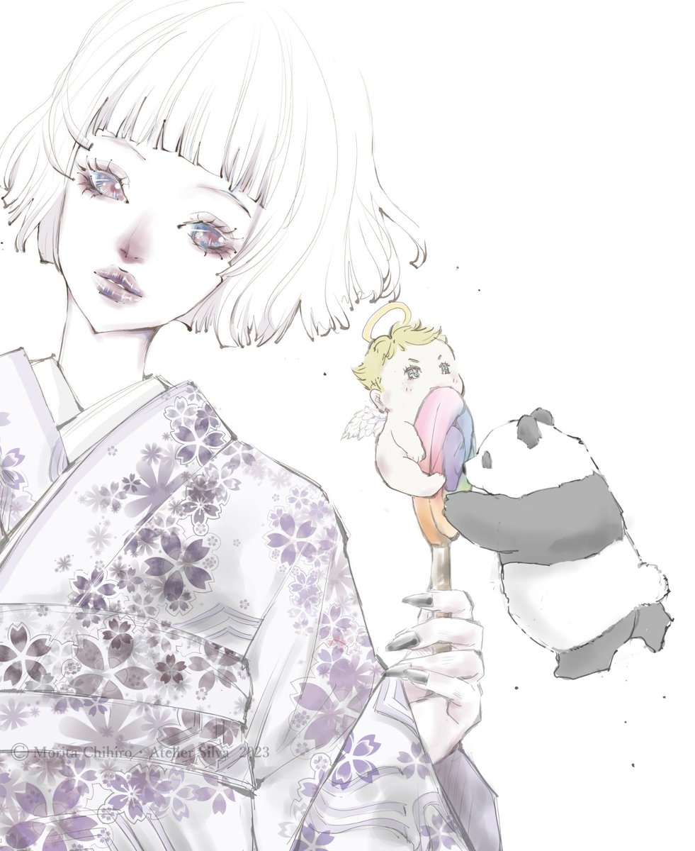 「仲良く わけわけするんだぞ...#イラスト #天使 #堕天使 #パンダ #ill」|森田ちひろ Morita Chihiroのイラスト