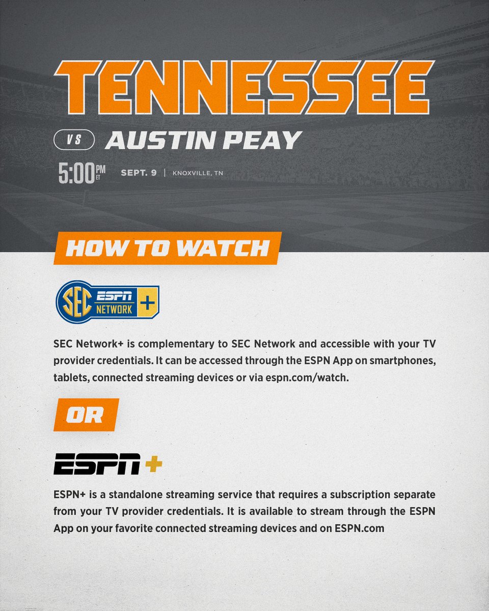 🚨 Reminder! Saturday's matchup with Austin Peay will be broadcast on SECN+ DETAILS BELOW ⤵️ LEARN MORE » 1tn.co/HowToWatch