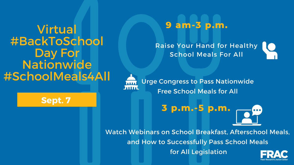 fractweets's tweet image. Join FRAC today for a #BackToSchool day celebrating the role of #schoolmeals and #afterschoolmeals in fueling children’s health and learning. Tag &amp;amp; tell your colleagues why you are raising your hand for #schoolmeals4all! Check out our menu of activities. frac.org/back-to-school