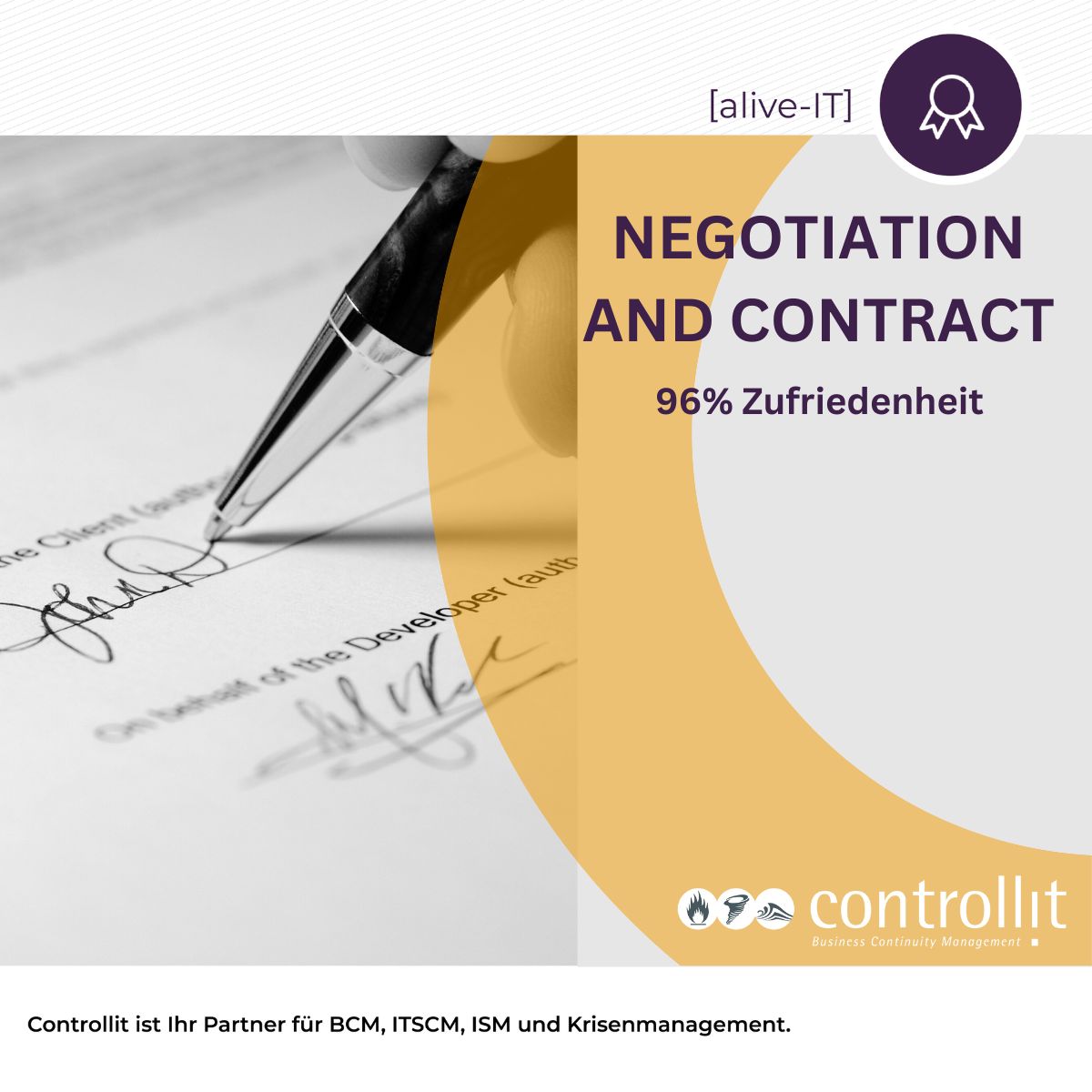 🎖️[alive-IT] wurde ausgezeichnet! Das Thema: "Negotiation and Contract"
Schaut Euch hier die Bewertungen an 👉 softwarereviews.com/products/alive…
 
#ControllitAG #aliveIT #BesteAuszeichnung #Hamburg #Beratung #ITSCM #Krisenmanagement #BCM