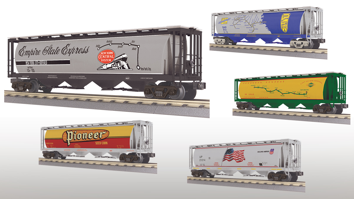 M.T.H. Electric Trains has announced a 2023 production of RailKing O Gauge 4-Bay Cylindrical Hopper cars in five different liveries are slated for arrival this Winter on M.T.H. Authorized Retailer shelves in February 2024.  Learn more: mthtrains.com/news/815