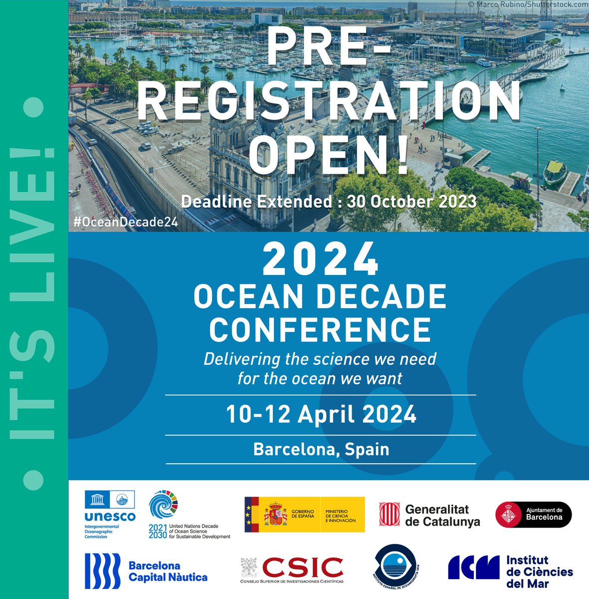 UN Ocean Decade (@unoceandecade) on Twitter photo 📢 Pre-registration deadline extended 📢 Let’s connect the #OceanDecade global community in #Barcelona🌏
Dive into our dedicated page & discover how to take part in this outstanding event: ow.ly/qrGa50PIIRn
Help us amplify ❗
<a href="/CienciaGob/">Ministerio de Ciencia, Innovación y Universidades</a> <a href="/ICMCSIC/">ICM-CSIC</a> <a href="/IEOoceanografia/">Instituto Español de Oceanografía (IEO-CSIC)</a> 📢 Pre-registration deadline extended 📢 Let’s connect the #OceanDecade global community in #Barcelona🌏
Dive into our dedicated page & discover how to take part in this outstanding event: ow.ly/qrGa50PIIRn
Help us amplify ❗
<a href="/CienciaGob/">Ministerio de Ciencia, Innovación y Universidades</a> <a href="/ICMCSIC/">ICM-CSIC</a> <a href="/IEOoceanografia/">Instituto Español de Oceanografía (IEO-CSIC)</a>