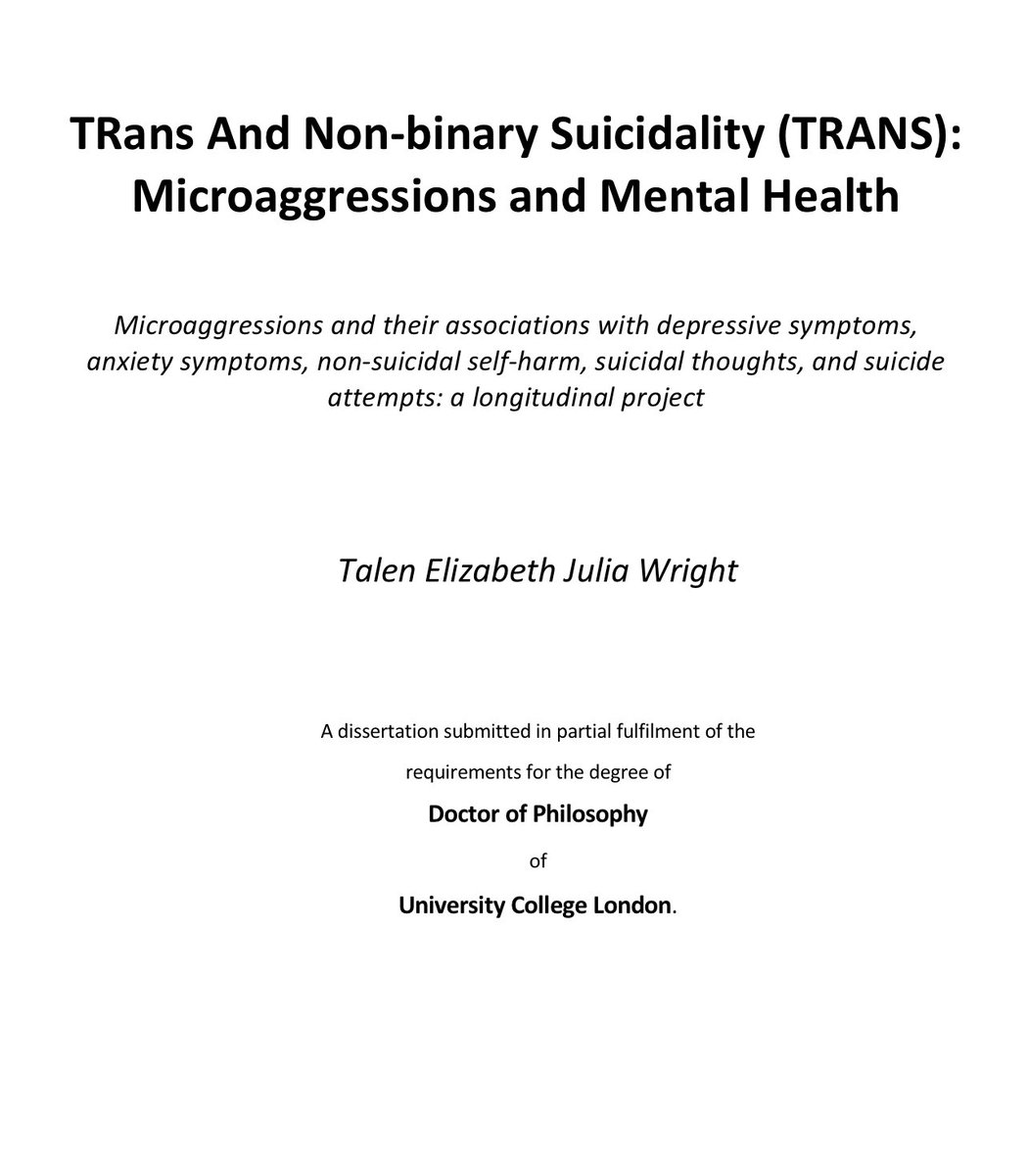 I have just submitted my thesis! Thank you to everyone who took part in the TRANS: Microaggressions &amp; Mental Health survey earlier this year and last year. One paper is currently under review and i anticipate sharing this as soon as possible. For now, rest!
