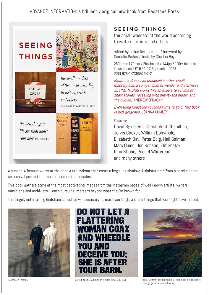 Redstone Press: a small innovative press that often seems to be doing the unexpected. They’ve compiled an anthology of images and texts writers have put out on Instagram - reminder of the idiosyncratic uses to which we can put social media if we wish to: artbook.com/9781739597627.…