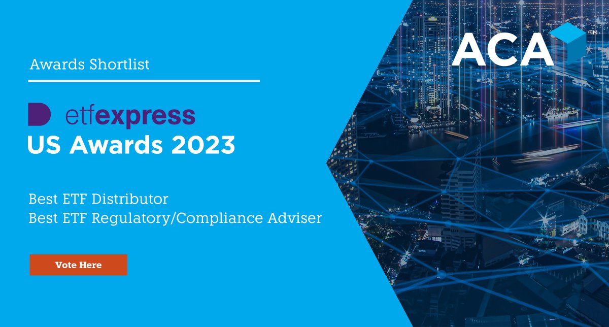 ACACompliance's tweet photo. We are humbled to share that the industry has nominated ACA Foreside for 2 categories during this year's 2023 U.S. #ETF Awards hosted by @ETFExpress

Please show your support by voting for us here:
https://t.co/KeLnAKzMTO

#ETFs #ETFCompliance #ETFDistribution #Distribtion https://t.co/qh5Ow9VSiz