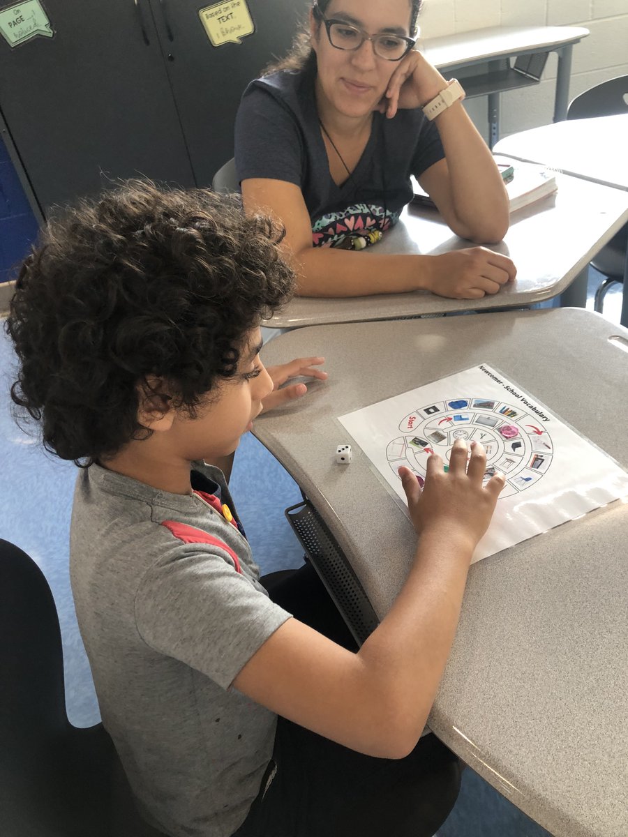 Not only did we use this fun game to practice school vocabulary, this newcomer also practiced counting spaces and taking turns! <a href="/HovatterES/">Hovatter Elementary</a> #EnglishLearners #newcomers