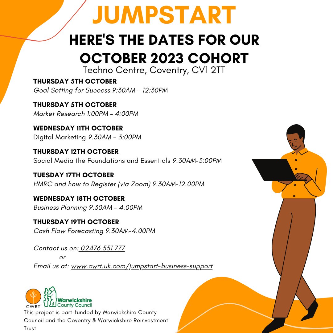 CWRTBizSupport's tweet image. 📷Not long left until our Autumn Jumpstart free business workshops begin. Interested?? Then please contact us as soon as possible to secure your place!!!! cwrt.uk.com/jumpstart-appl…
Call us on 02476 551 777