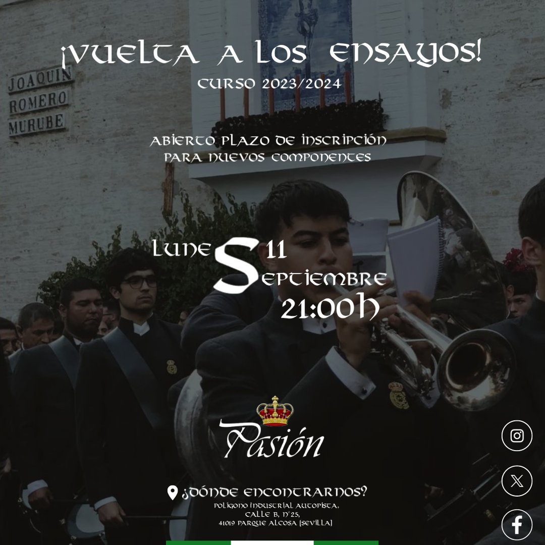 Este próximo Lunes comenzamos nuestros ensayos.
Si quieres pertenecer a nuestra formación todavía puedes hacerlo a través de nuestras redes sociales o el mismo lunes en nuestro local de ensayo.
¡Te esperamos!