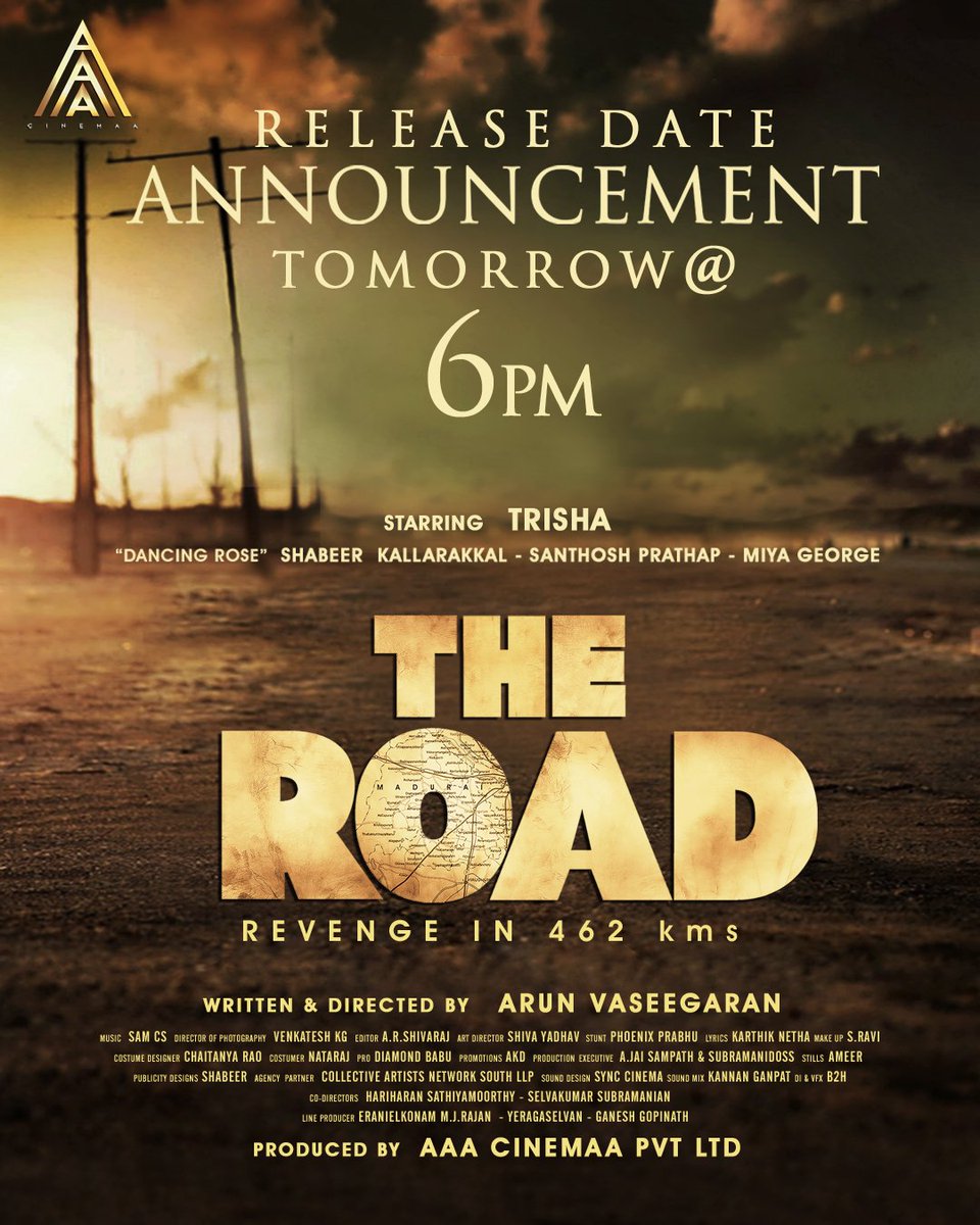 iamrajesh_pov's tweet photo. #Road Release Date Announcement Tomorrow At 6PM...
#Trisha - #Sabeer - #SanthoshPrathap - #MiyaGeorge https://t.co/pIhLGAxIJq