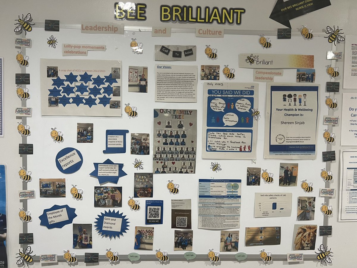 Bee Brilliant Leadership and Culture. Showcasing how we celebrate staff lollipop moments, demonstrate compassionate leadership and how we have a variety of leadership styles suited to different projects and link roles. @MFT_QIT @cardiologymatr1 @krisbailey3 @parkerkarenj