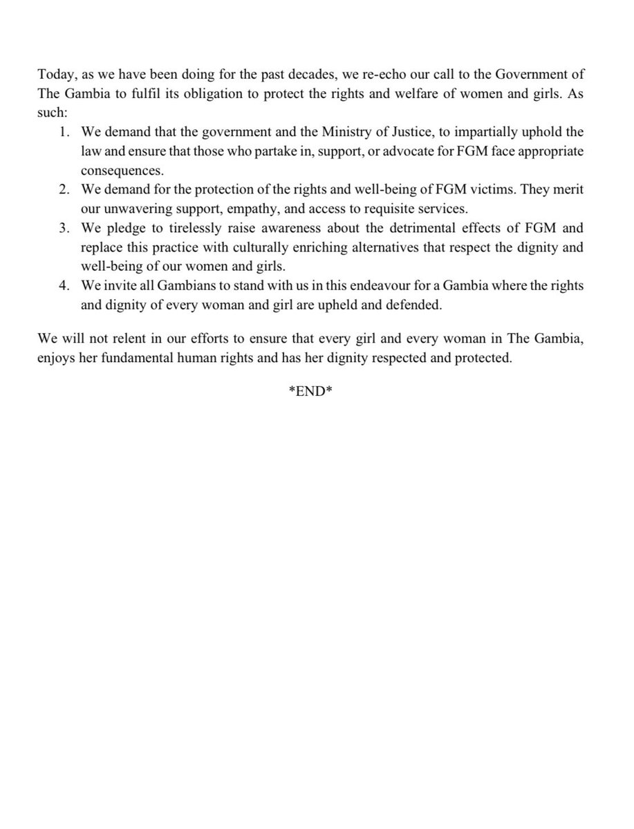 FGM is illegal in The #Gambia! 

We re-echo the joint call to the Government of The Gambia to protect and fulfill the fundamental #HumanRights of women and girls.

We will not stop until #EveryWoman and #EveryGirl is protected. 

#EndFGM | #EndFGM220