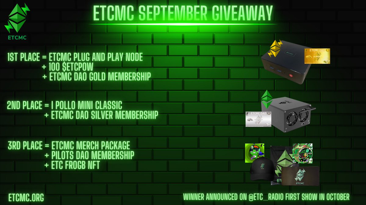 #ETCMC September #Giveaway time🚀
To enter:    
1. Like, retweet, tag 4 friends.  
2. Follow <a href="/ETCMC777/">ETCMC</a>
3. Follow <a href="/ETC_Radio_/">ETC Radio</a>
4. Join the ETCMC Telegram group 
5. Comment #ETC
Telegram 👉t.me/+tZVSbPGAaWM1Y…
Rules: 1 entry per person 
 
#EthereumClassic #NFTCommunity $ETC