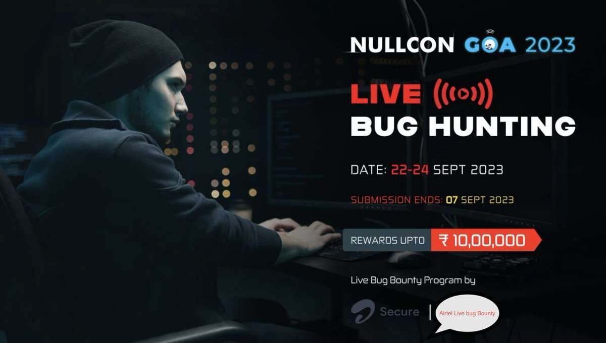 Calling all security enthusiasts, bug bounty seekers, and researchers.
A live bug bounty competition is being held by Bharti Airtel at <a href="/nullcon/">NULLCON</a> Goa-2023 <a href="/antriksh_s/">Antriksh (Yoda) #hardwear_ioNL2025</a> <a href="/rahul_gehlaut/">Rahul Gehlaut</a> <a href="/airtelindia/">airtel India</a> 
register here: share.hsforms.com/1aCwUg2GhSYWXB…