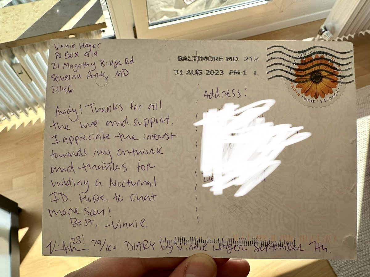 Shoutout <a href="/VinnieHager/">Vinnie</a> for the postcard!

What a sound guy, always looking out for his community. 

Good luck with the launch of Diary today, looking forward to it!