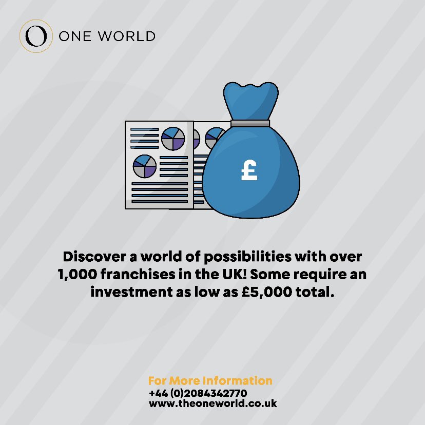 TheOneWorldUK's tweet photo. Franchising Facts and Figures.

📲 Call us for a consultation on - 02084342770

#theoneworld #businessexpansion #businessgrowth #franchise #relocation #growth #franchisebhsiness #consultation https://t.co/nwixOhMGUm