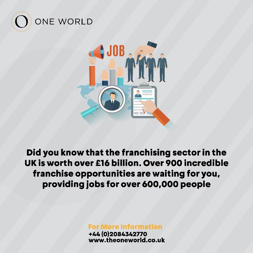 TheOneWorldUK's tweet photo. Franchising Facts and Figures.

📲 Call us for a consultation on - 02084342770

#theoneworld #businessexpansion #businessgrowth #franchise #relocation #growth #franchisebhsiness #consultation https://t.co/nwixOhMGUm