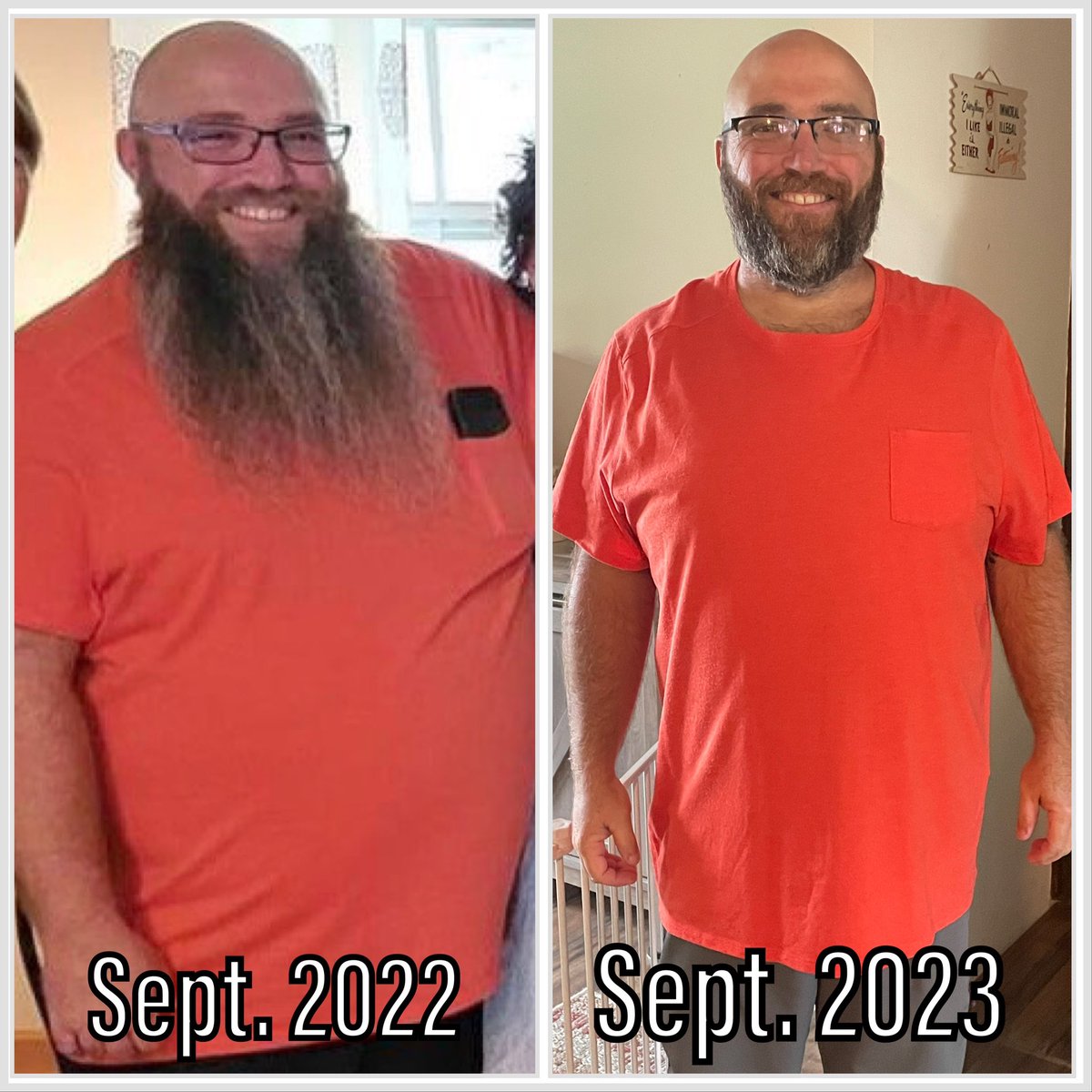 Same guy, same shirt, one year apart…
60 pounds healthier!